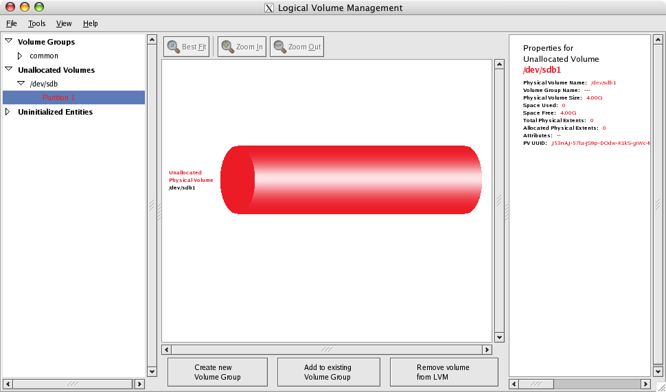 Logical Volume Management window: Unallocated physical volume