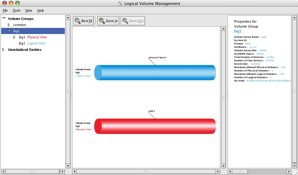 Logical Volume Management window: Creating a new logical volume