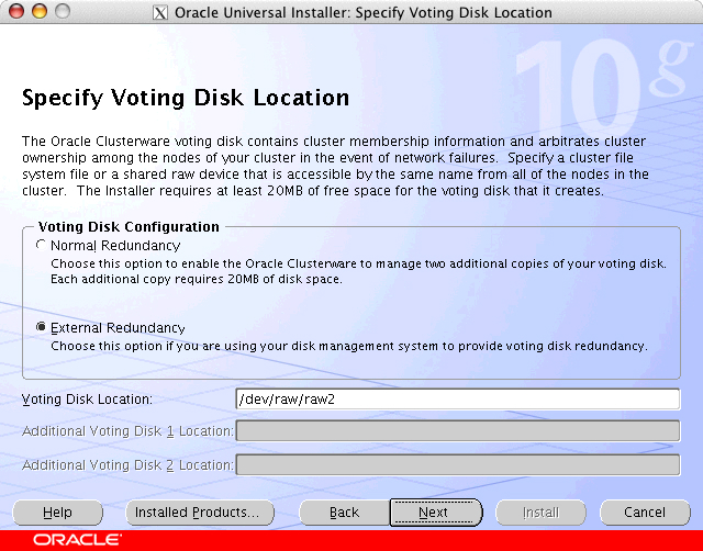 Oracle Universal Installer: Specify Voting Disk Location window