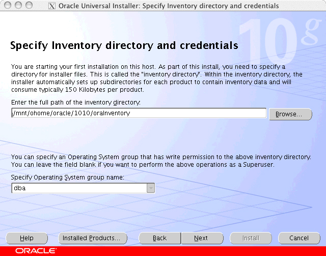 Oracle Universal Installer: Specify Inventory Directory window