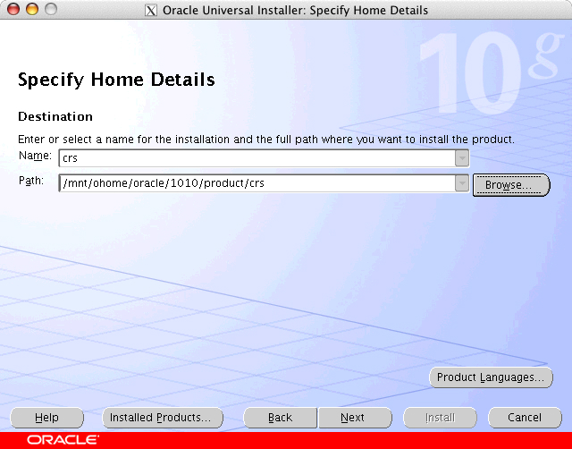 Oracle Universal Installer: Specify Home Details window