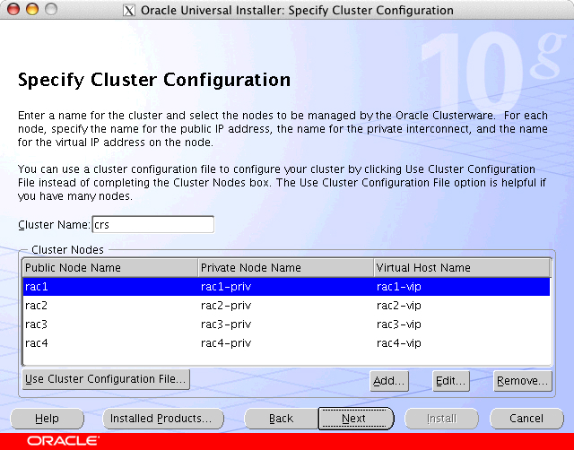 Oracle Universal Installer: Specify Cluster Configuration window