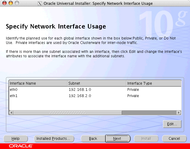 Oracle Universal Installer: Specify Network Interface Usage window