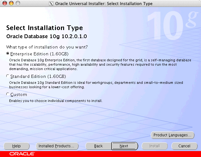 Oracle Universal Installer: Select Installation dialog