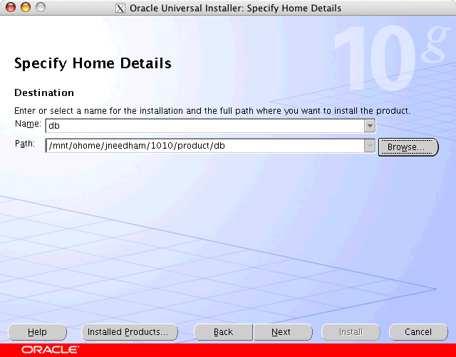 Oracle Universal Installer: Specify Home Details dialog