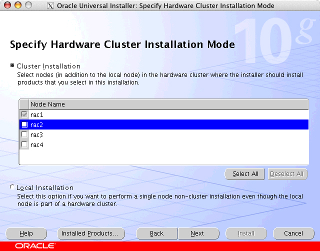 Oracle Universal Installer: Specify Hardware Cluster Installation Mode window