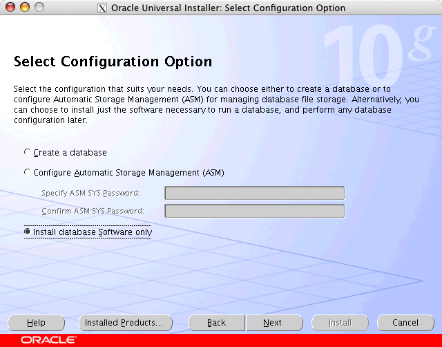 Oracle Universal Installer: Select Configuration Option window