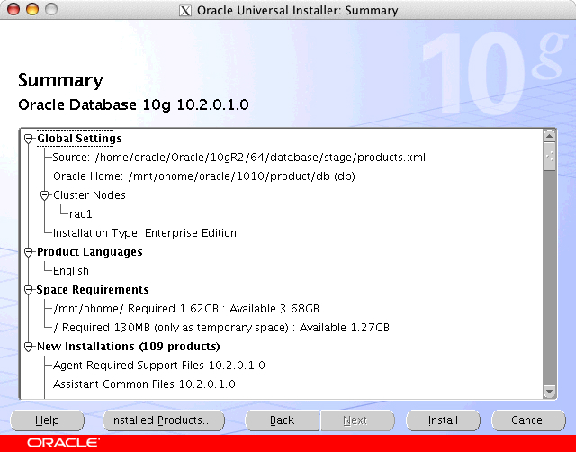 Oracle Universal Installer: Summary window