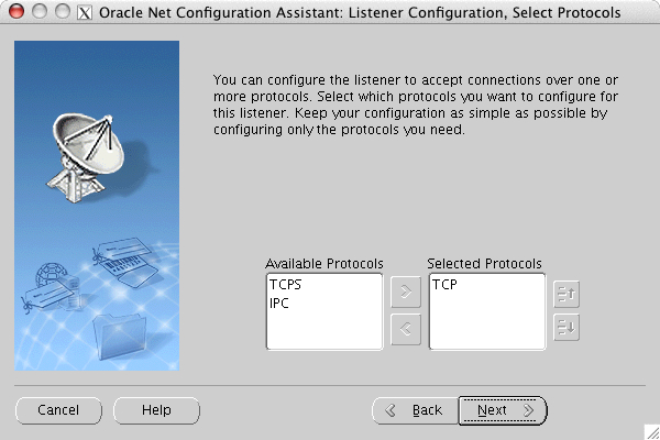 Oracle Net Configuration Assistant: Listener Configuration, Select Protocols window